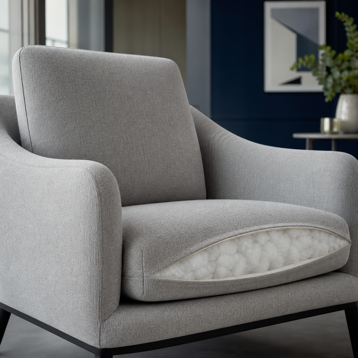 Upholstered furniture cushion with fiber filling
