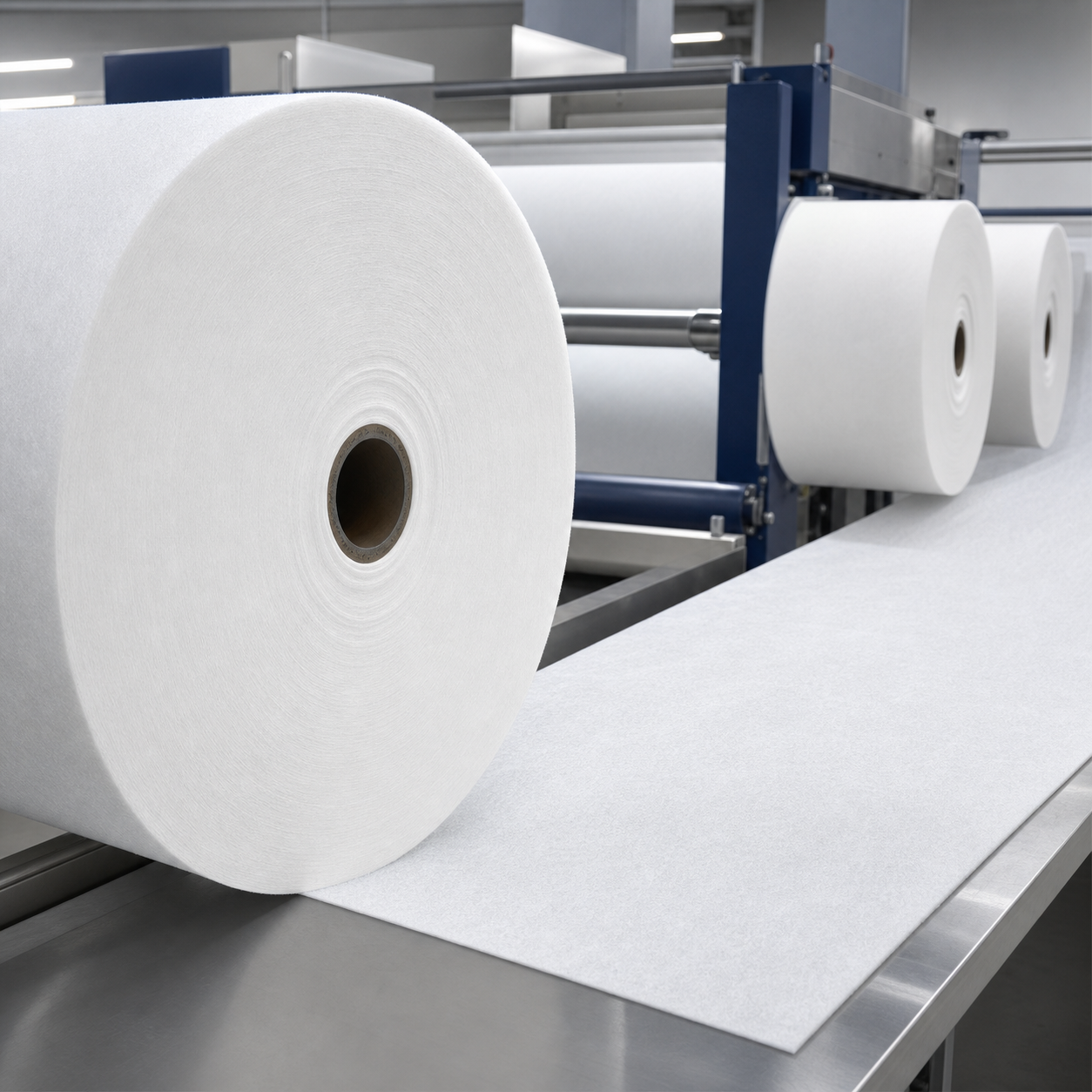 Nonwoven material rolls in production